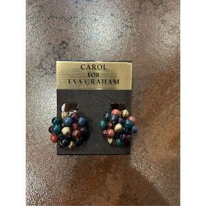 Carol for Eva Graham vintage clip beaded earrings gold blue mauve green glam